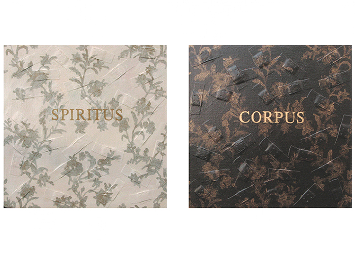 Spiritus - Corpus • Zweiteiler • zweimal 35 x 35 x 5 cm  • Acryl, Heftpflaster auf Leinwand/Holz